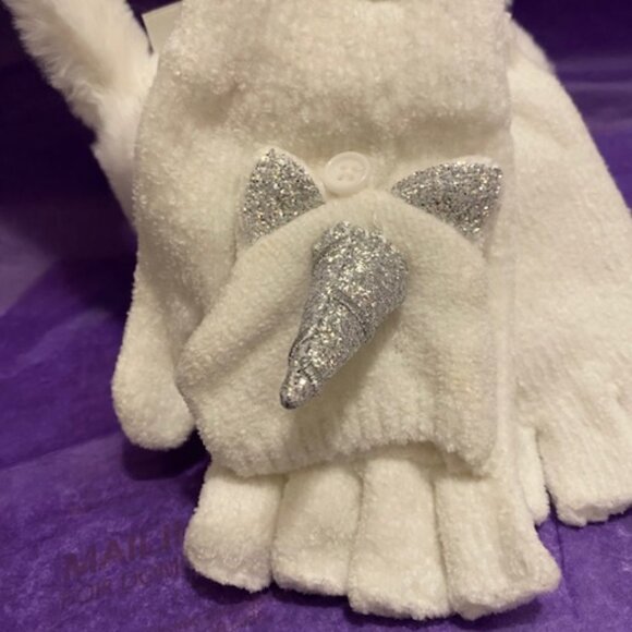 Claire's Unicorn Ear Muffs and Gloves with finger Over (Girls) White and Silver - Picture 2 of 9